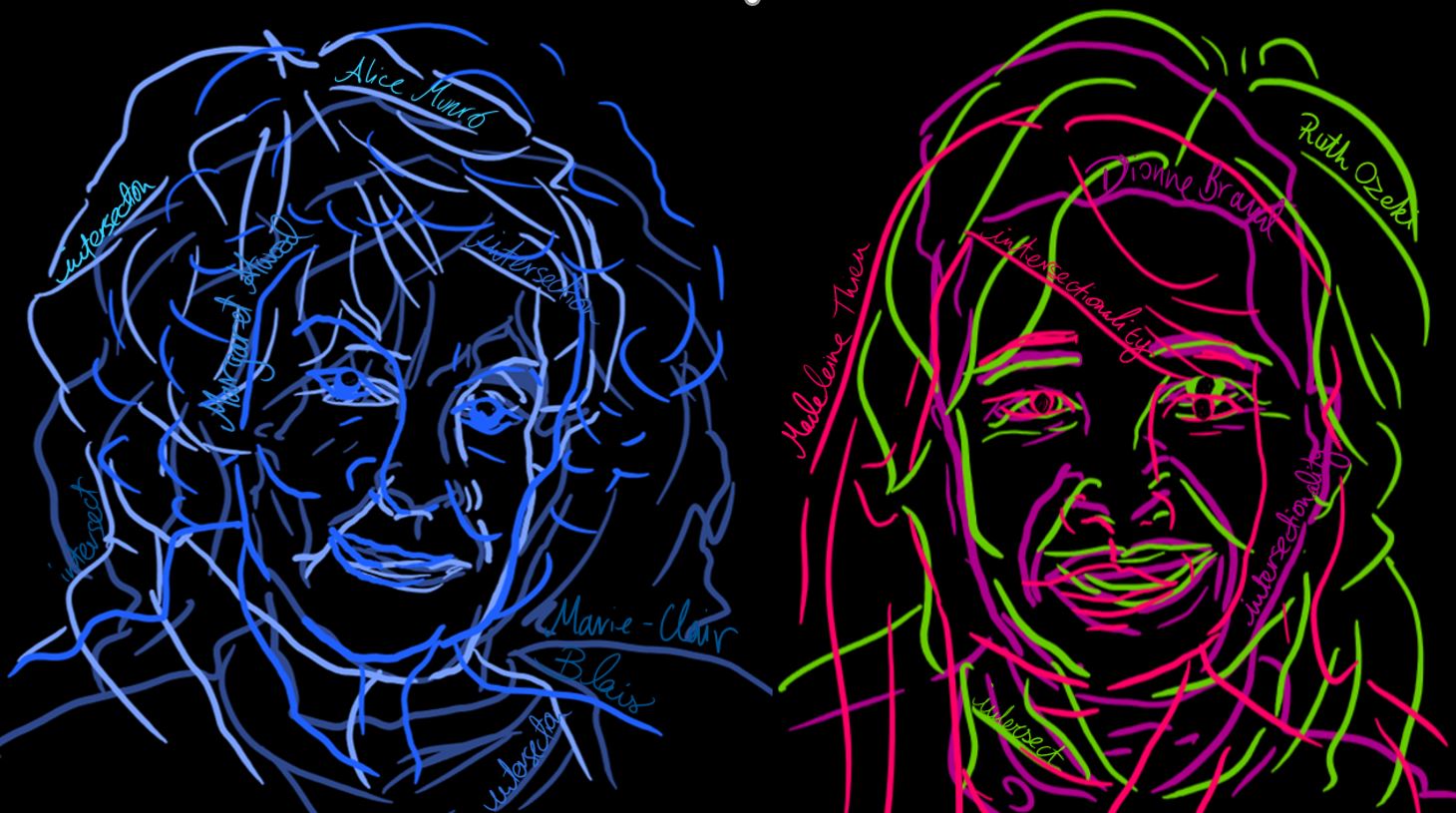 On the left side of a black background, three line-portraits of Canadian feminist authors of the CanLit boom (Alice Munro, Margaret Atwood, and Marie-Claire Blais) in shades of blue are layered one on top of the other. On the right, three line-portraits of contemporary feminist Canadian authors (Dionne Brand, Ruth Ozeki, and Madeleine Thien) in green, pink, and purple are also layered, echoing the first image.
