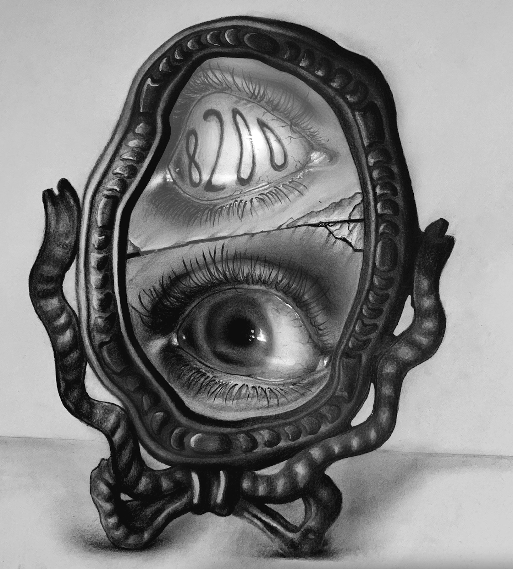 A drawing demonstrating the impact of COVID-19 on dreams. It depicts a melting mirror reflecting eyes expressing anxiety. The drawing is created with graphite, charcoal and acrylic white paint.